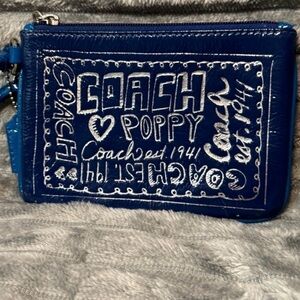 Coach Poppy Scribble Logo Two-Tone Blue Leather Wristlet~Silver Hardware